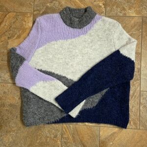 Oak + Fort Colorblock Sweater in Purple,‎ Gray, and Navy Women L